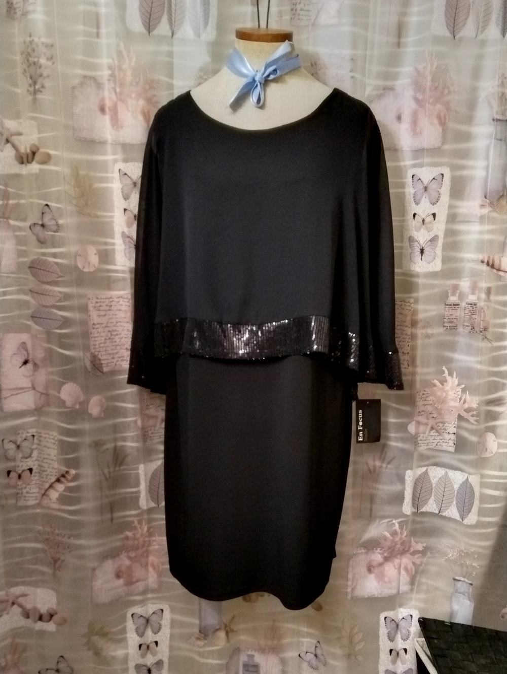 NWT En Focus Studio Sheer Dress Chiffon Overlay with a Sequin Hem Plus Size 16W